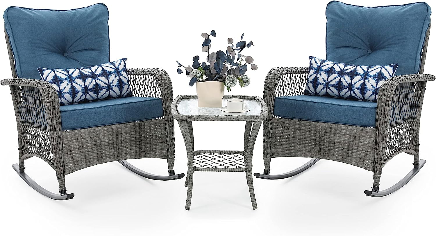 UDPATIO 3 Piece Patio Set Rocking, Rattan Outdoor Rocking Patio Bistro Set with 2 Rockers and 1 Side Table with 4‘’ Thick Cushions for Backyard, Porch, Balcony, Poolside(Blue)
