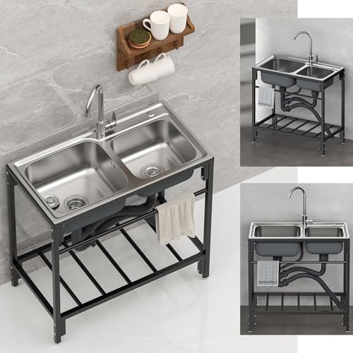 Outdoor Utility Sink Stainless Steel Double Bowl Sink Free Standing Commercial Restaurant Kitchen Sink with Hot and Cold Faucet for Laundry,Garage,Cafe Bar 32.7