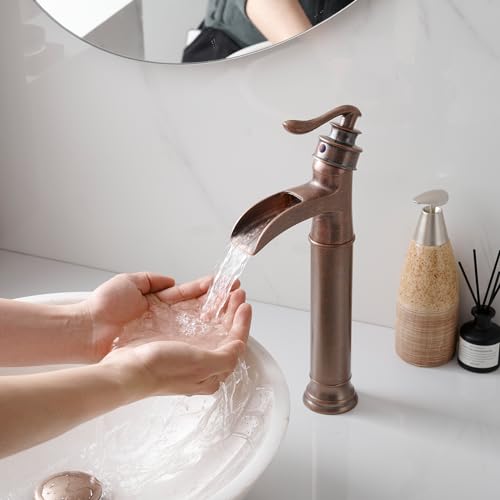 BWE Vessel Sink Faucet Waterfall Matte Black with Pop Up Drain Without Overflow and Supply Lines, Black Sink Faucet Bathroom One Handle Faucets Vanity Bath Mixer Tap