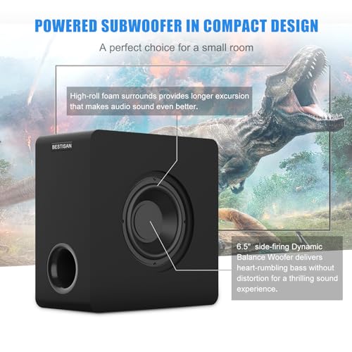 BESTISAN Powered Subwoofer, 6.5'' Side Firing Home Audio Sub, Deep Bass Response Subwoofers, Easy Setup with Home Theater Systems, TV, Speakers, RCA, LFE, AUX Input, High-Level Speaker Input & Output