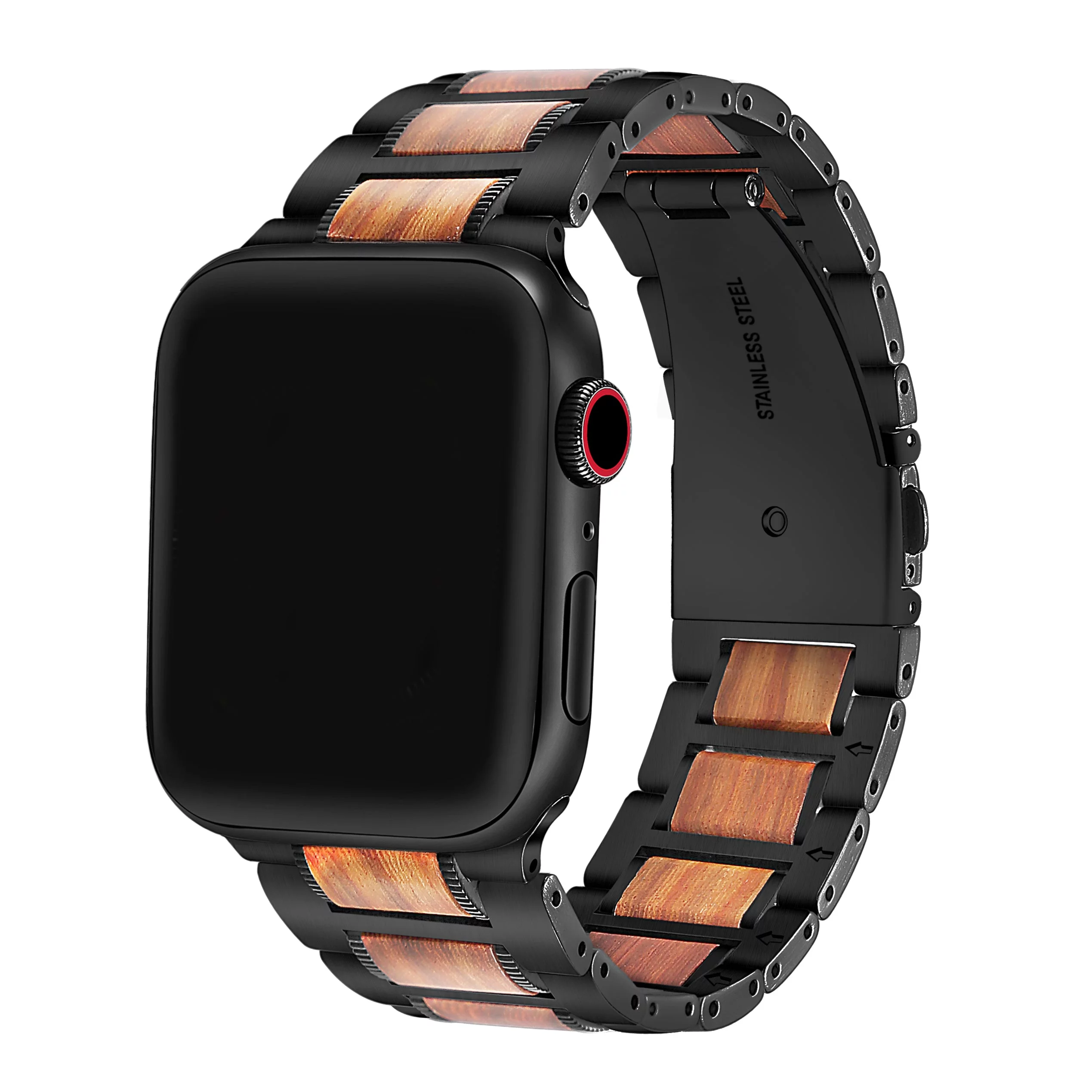 Men's Wallace Black Stainless Steel & Wood Replacement Band for Apple Watch Series 1-8, SE, & Series Ultra - Size 42mm/44mm/45mm/49mm
