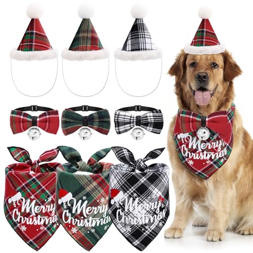 9pcs Christmas Dog Bandana Hat Bow tie Set - Classic Buffalo Plaid Christmas Dog Outfit Clothes Xmas Pet Costume Accessories for Small Medium Dogs