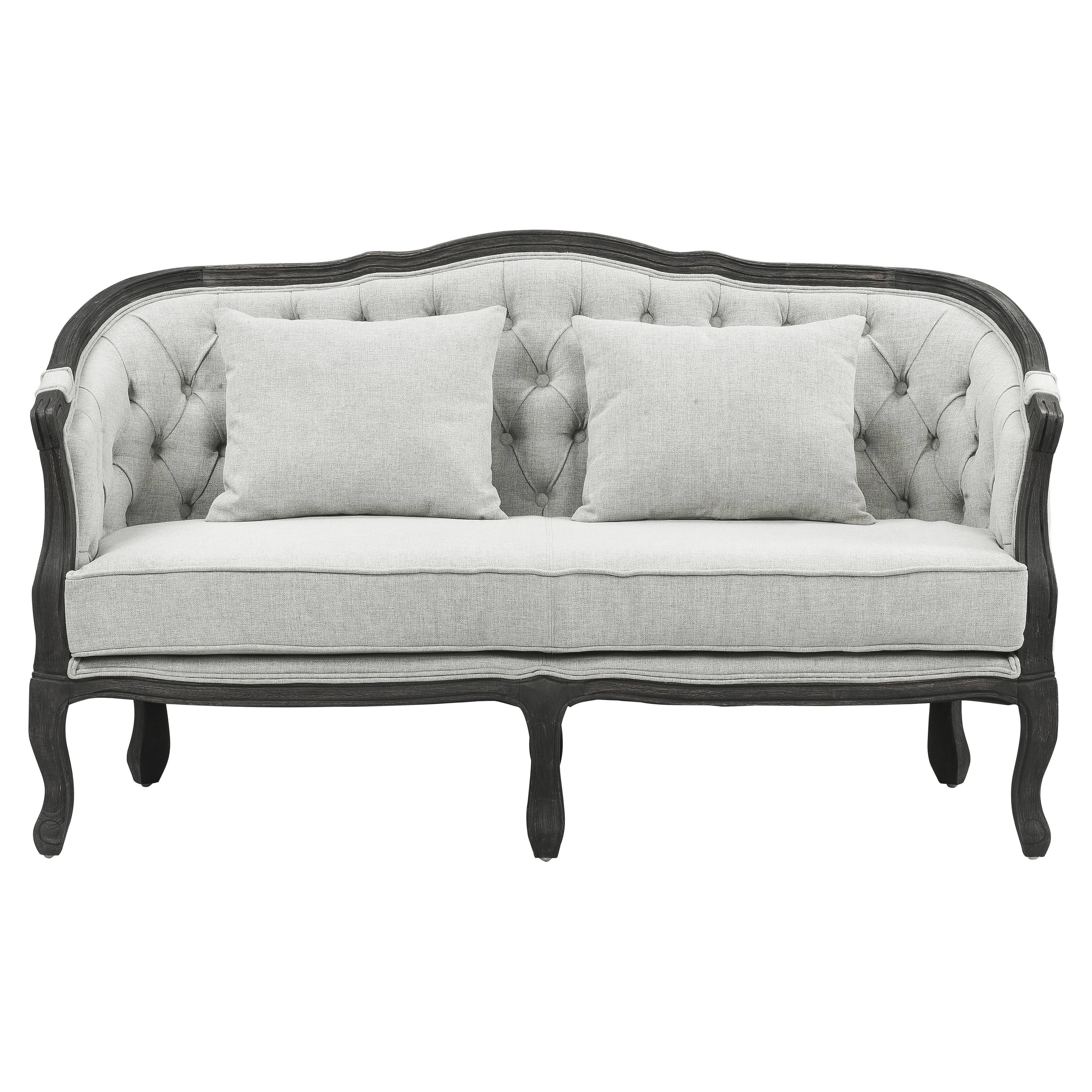 ACME Samael Linen Loveseat with Wooden Leg and 2 Pillows in Gray and Dark Brown