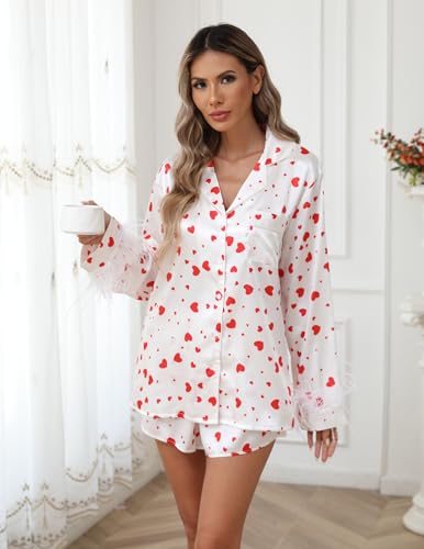 Ekouaer Women's Bridal Feather Trim Silk Satin Pajama Set Long Sleeve Lounge Sets Sleepwear (Removable Feather)