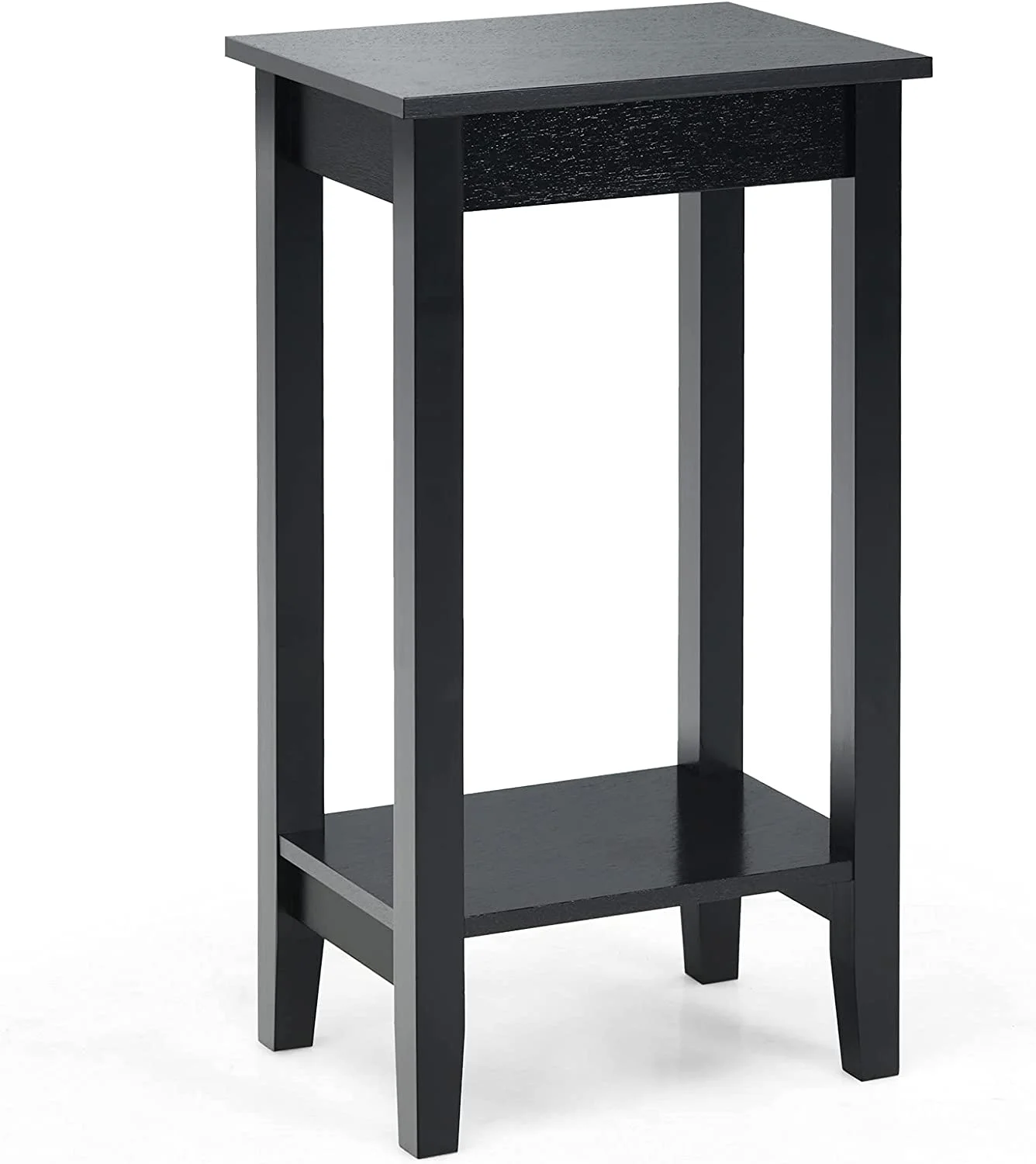2-Tier End Table Tall Nightstand, Simple Design Sofa Bedside Table with Versatile Shelf and Wooden Legs for Small Spaces, Living Room, Study, Bedroom, Narrow Telephone Table, Black