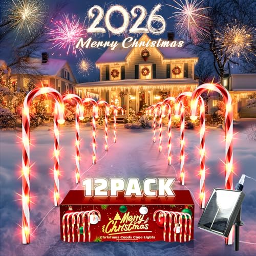 Solar Christmas Decorations Outdoor: 12 Pack Red Candy Cane Pathway Lights - 21