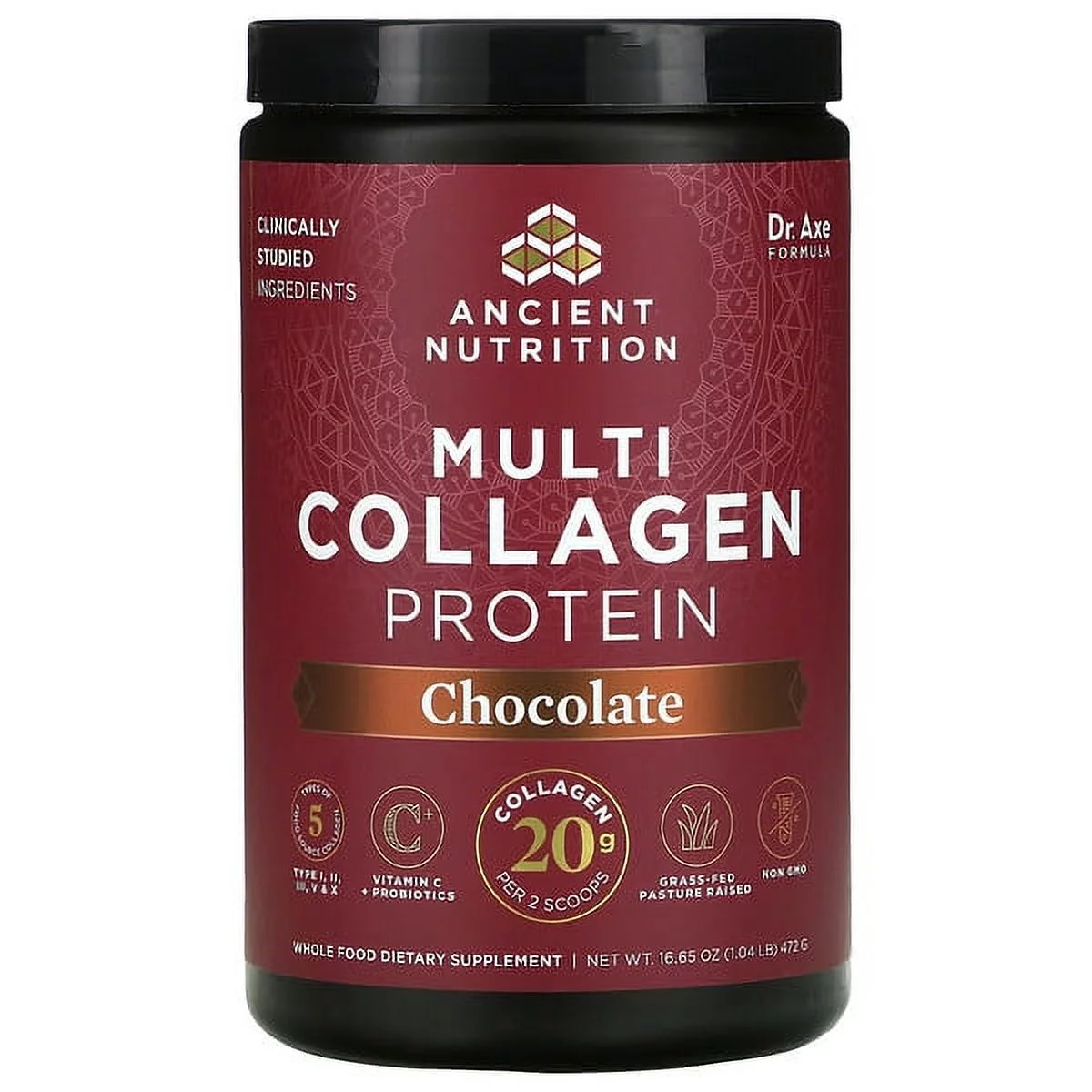 Dr. Axe / Ancient Nutrition, Multi Collagen Protein, Chocolate, 1.04 lb (472 g) Pack of 2