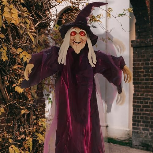 Halloween Hanging Witch Decorations Outdoor 5.3 FT Life Size Animated Hanging Talking Witch with Sound Activation and Red Eyes for Outdoor Indoor Party Haunted House Props
