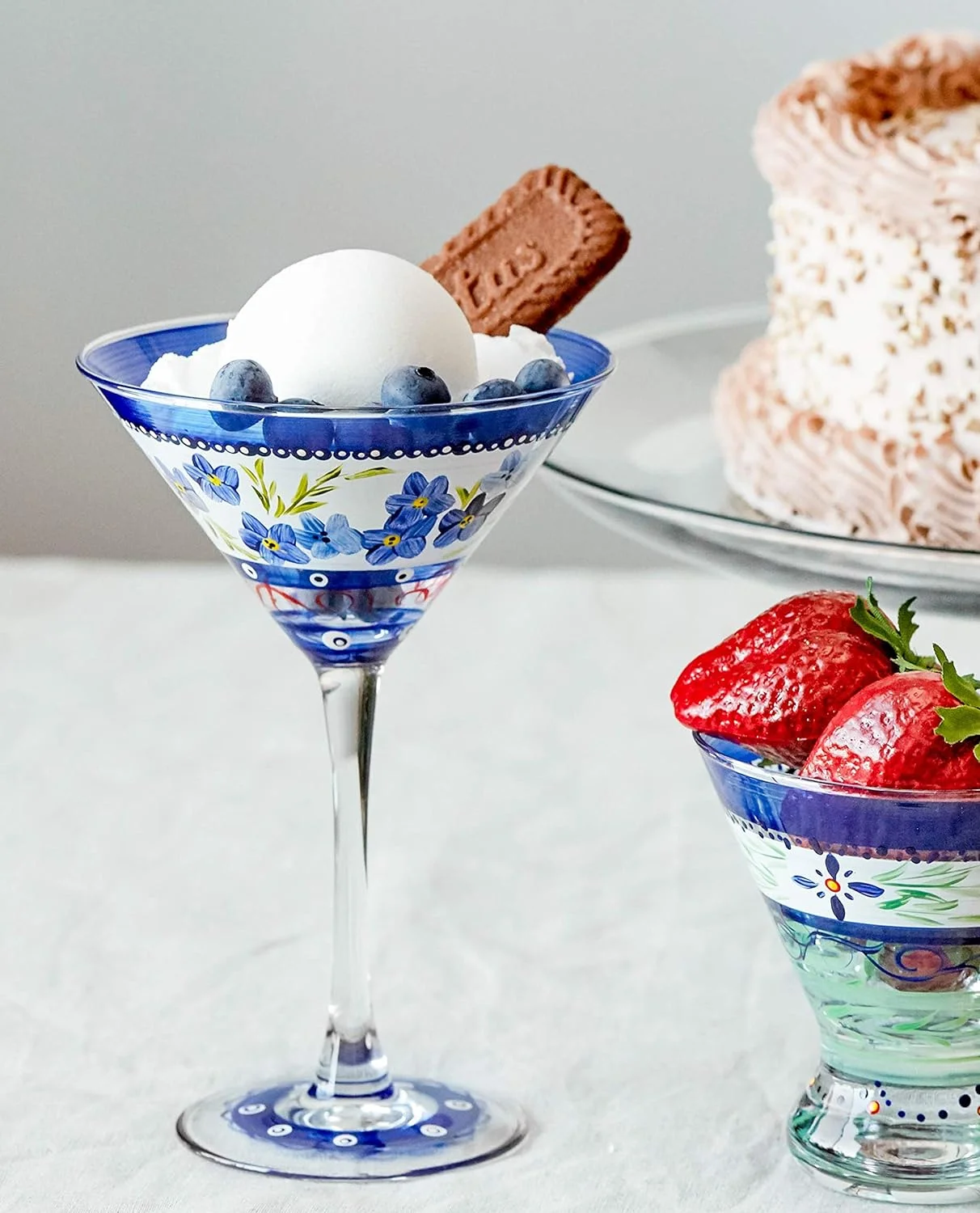 Hand Painted Martini Glasses Set Of 2 - Barcelona Blue Flower Collection - - Hand Painted Glassware By Artists - Unique Martini Glasses - Ideal Table & Home Décor