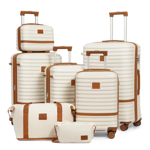 Joyway Carry On Luggage 20 Inch Expandable Suitcase with Spinner Wheel, 4 Piece Hard Shell Luggage Set with TSA Lock(White brown)