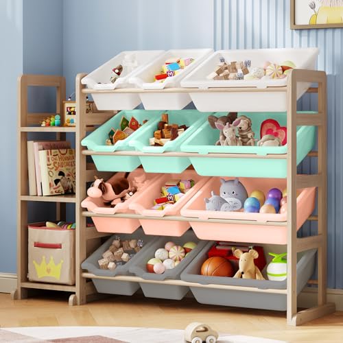 Toy Storage Organizer - Toy Organizers and Storage with Bookshelf, Toy Storage Shelf with 3 Shelves and 12 Storage Bins, Kids Bookshelf and Toy Storage for Kids Room, Playroom, Multi Color