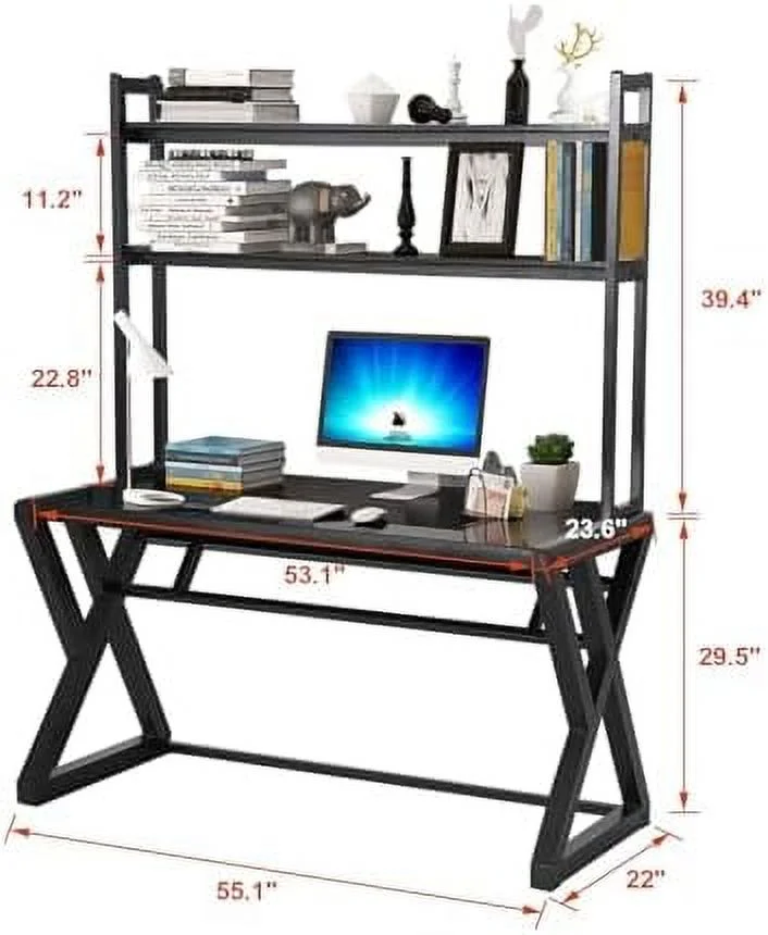 YZboomLife Computer Desk with Shelves - Glass Top and Metal Frame White Desk with 2 Tiers Shelves Modern Computer Desk with  Shelves for Home Office (55.1 inch+Shelves)