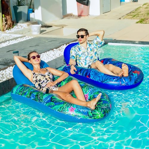 FindUWill Pool Floats Chairs Adult - 2 Pack 65'' x 42'' Large Pool Float Chairs, Inflatable Pool Lounger with Cup Phone Holder, Backrest, Footrest, Tanning Pool Lounge