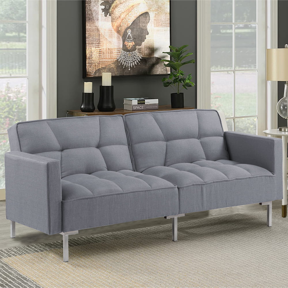 Gray Futon Sofa Bed, Convertible Folding Sofa Bed, Modern Upholstered Sleeper Sofa Bed with 2 Pillows and Metal Legs, Heavy Duty Futon Sofa Furniture for Living Room Bedroom Dorm Apartment