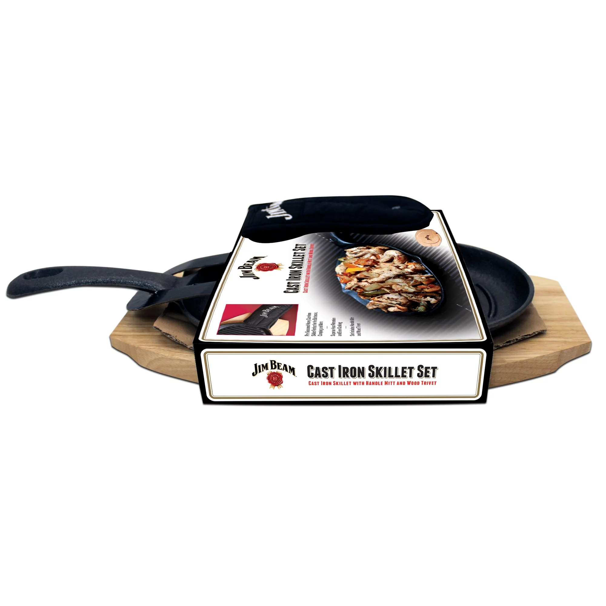 Jim Beam Cast Iron Skillet with Wooden Plate and Handle Cover, Jb0159
