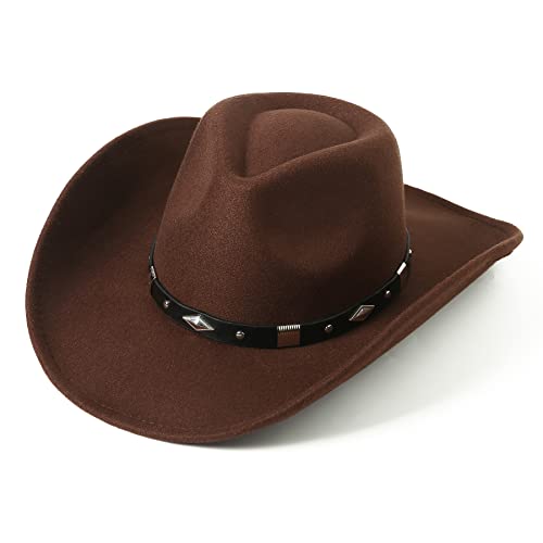 Lanzom Women Men Classic Felt Wide Brim Western Cowboy Cowgirl Hat with Belt Buckle