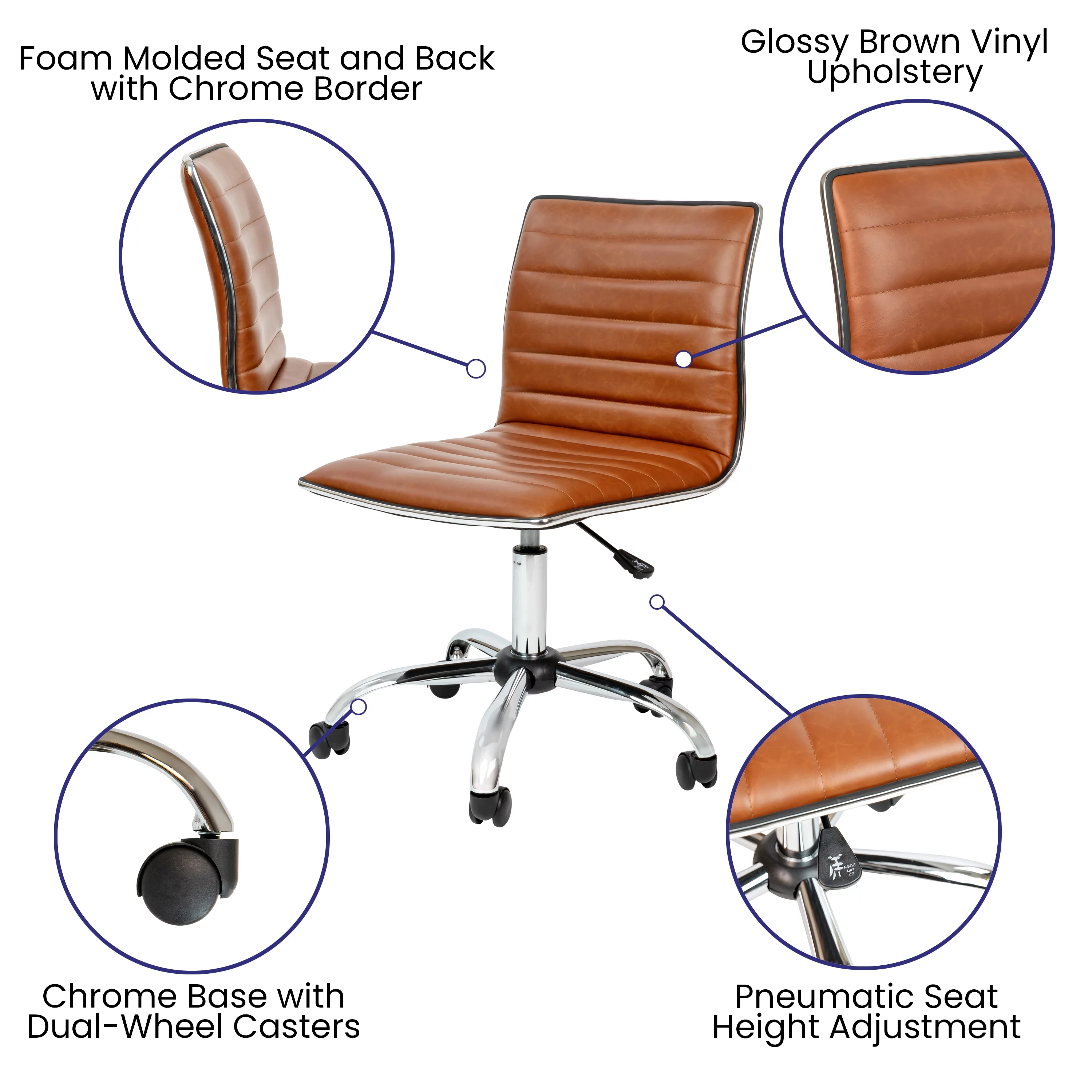 Emma + Oliver Low Back Designer Armless Brown Ribbed Swivel Task Office Chair, Desk Chair