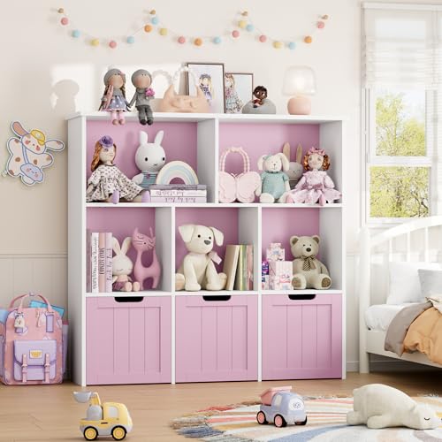 FOTOSOK Toy Storage Organizer with 3 Movable Drawers, Toy Organizer with Hidden Wheels and 5 Open Cubbies, Multifunctional Floor Storage Chest for Playroom, White