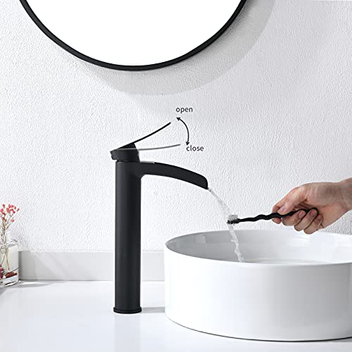Phiestina Brushed Gold Tall Bathroom Vessel Sink Faucet, Single Hole Single Handle Waterfall Modern Bathroom Faucet, with Pop Up Drain and Water Supply Line, NS-SF01-BG-V