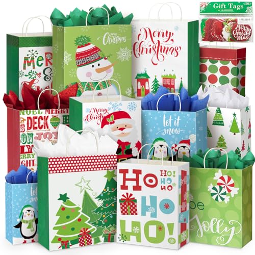 Party Funny 24 Christmas Gift Paper Bags Bulk with handles and 60 Count Christmas Gift Tags-Assorted sizes set for Wrapping Xmas Holiday Presents(6 Jumbo,6 Large,6 Medium,4 Small,2 Wine)