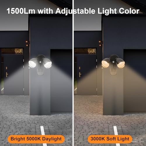 15W 1500 Lumen LED Security Lights with Motion Sensor Outdoor, 3000K/5000K Light, IP65 Waterproof, Dusk to Dawn, Dual-Head Motion Detected Flood Wall Light for Garage Yard Porch (Black)