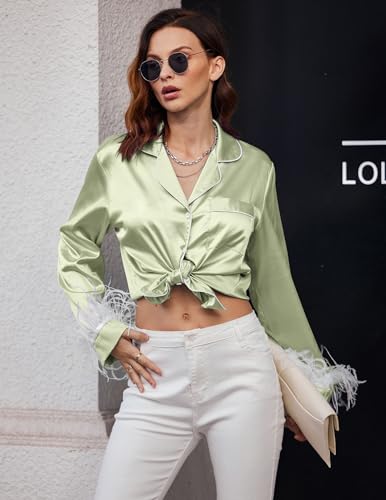 Ekouaer Women's Bridal Feather Trim Silk Satin Pajama Set Long Sleeve Lounge Sets Sleepwear (Removable Feather)