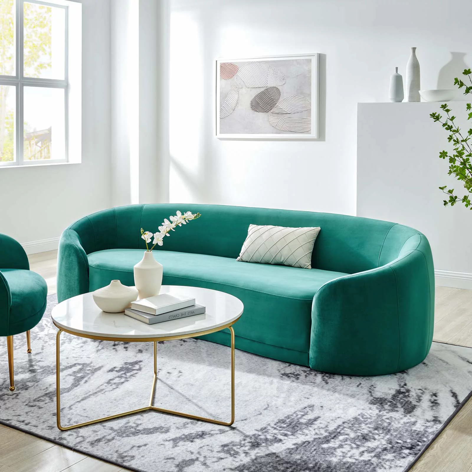 Sofa, Teal Blue, Velvet, Modern Contemporary, Mid Century Living Hotel Lounge Cafe Lobby