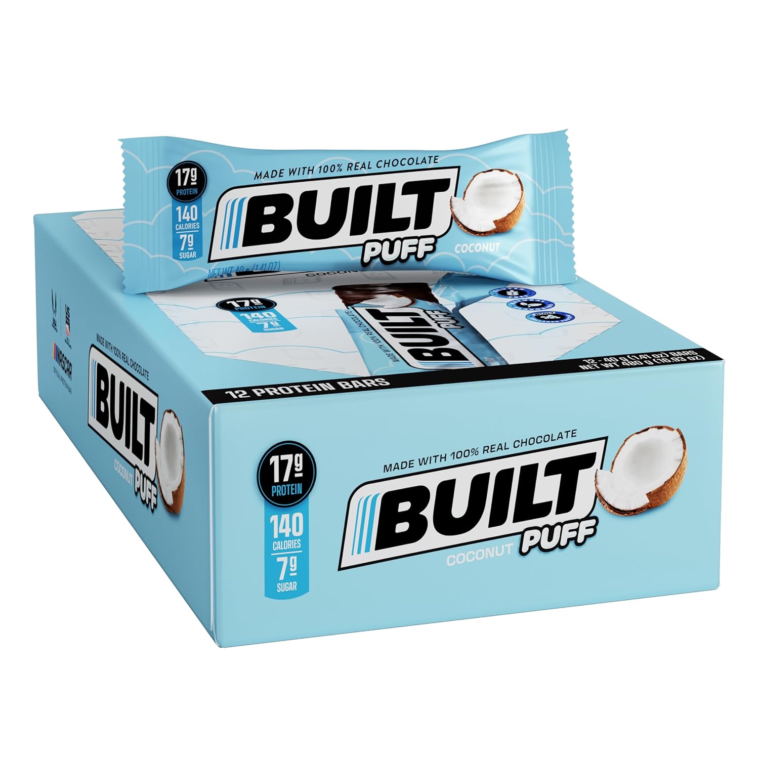 Built Protein Bars, Coconut Marshmallow Puff, 12 count, Protein Snacks with 17g of Protein, Collagen, Gluten Free, Chocolate Protein Bar, 140 calories & 6g sugar, Perfect On The Go Protein Snack