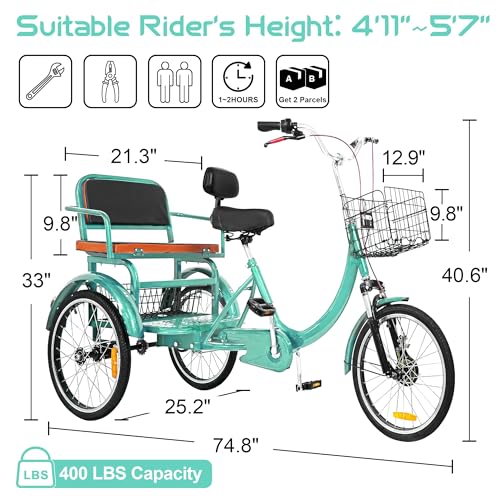 MOOITZ Adult Tricycle, 20 Inch 3-Wheel Bikes, Trike for Adults with Seat, Low Step-Through Cruiser Bike with Front and Rear Baskets, Adult Tricycles for Women, Seniors, Men