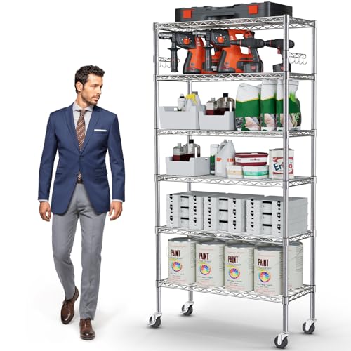 YNN Storage Shelves,1750Lbs 5 Tier Heavy Duty Metal Rolling Shelving Unit with Wheels & 8 Hooks, Adjustable Garage Wire Rack for Kitchen, Bathroom,Industrial,Pantry(36