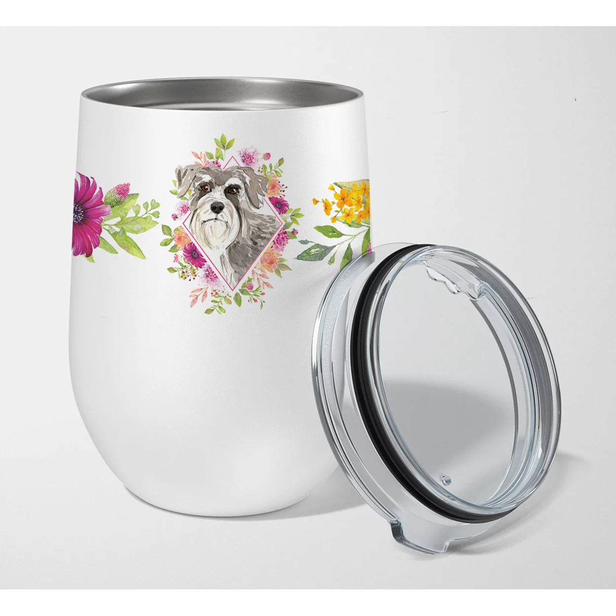 Carolines Treasures CK4215TBL12 Schnauzer 1 Pink Flowers Stainless Steel 12 oz Stemless Wine Glass, 12 oz, multicolor