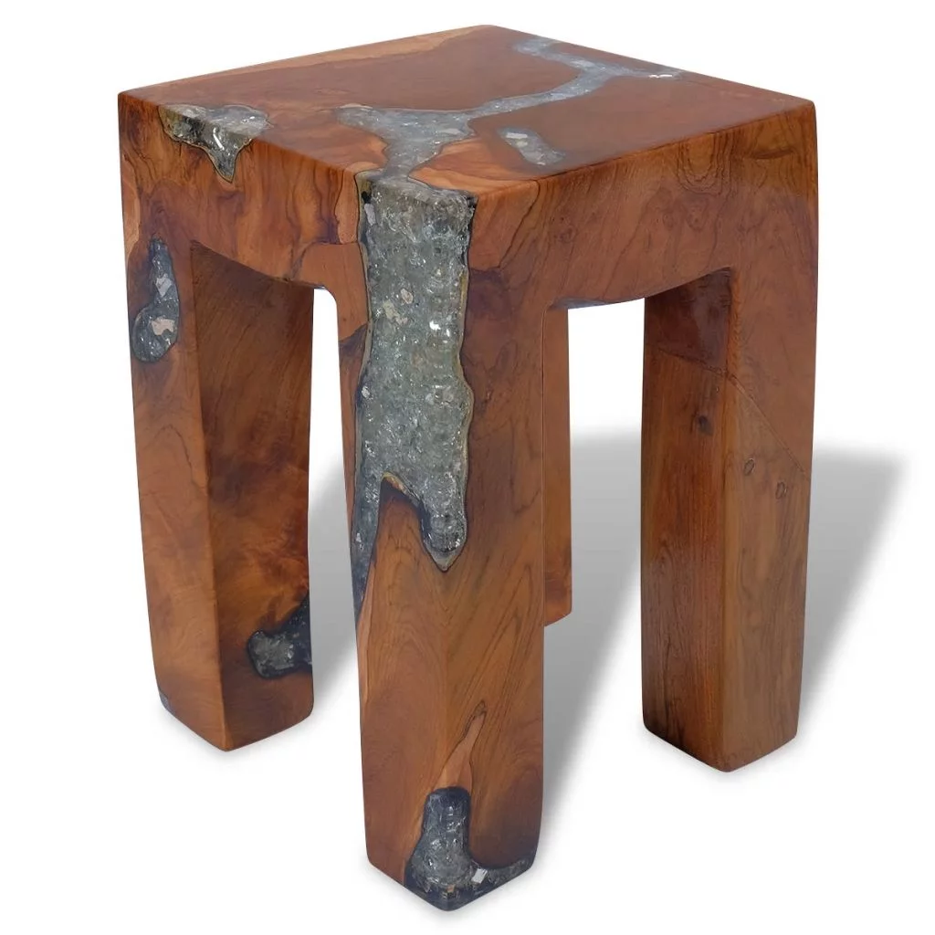Dcenta Stool Teak Wood and Resin Footrest Wooden Side Table for Living Room, Bedroom, Home Furniture 11.8 x 11.8 x 15.7 Inches (L x W x H)