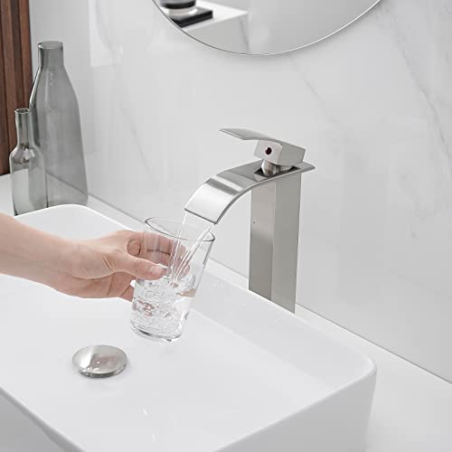 BWE Vessel Sink Faucet Modern Waterfall Chrome Single Hole Bathroom Faucet Single Handle with Pop up Drain Without Overflow Assembly Vanity Basin Bath Sink Faucets Mixer Tap