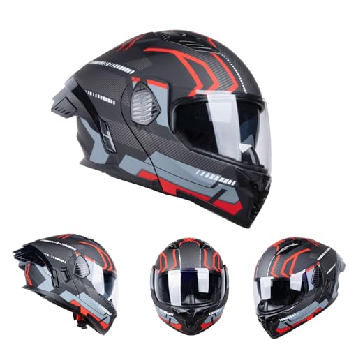 Full Face Modular Motorcycle Helmets Dual Visor Flip up DOT Approved Racing Street Bike Motocross Helmet for Adults (Matt Black/Red, X-Large)