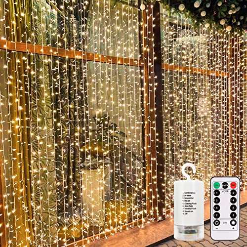 echosari 300 LED Curtain Lights Battery Operated, 9.8ft×9.8ft Hanging Light with Remote Timer Fairy Curtain Lights for Bedroom Patio Wedding Backdrop Party Decór (Warm White)