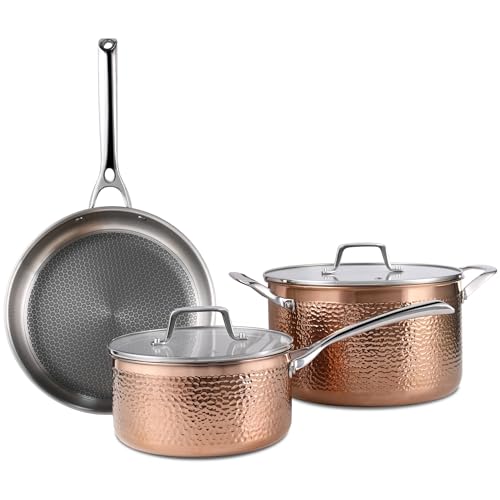 Luxury Hammered Stainless Steel Cookware set, 5 Piece Heavy Duty Pots and Pans set, Non Toxic, PTFE & PFOA Free, Oven & Dishwasher Safe, Induction 18/10 Stainless Rose Gold Pot Pan