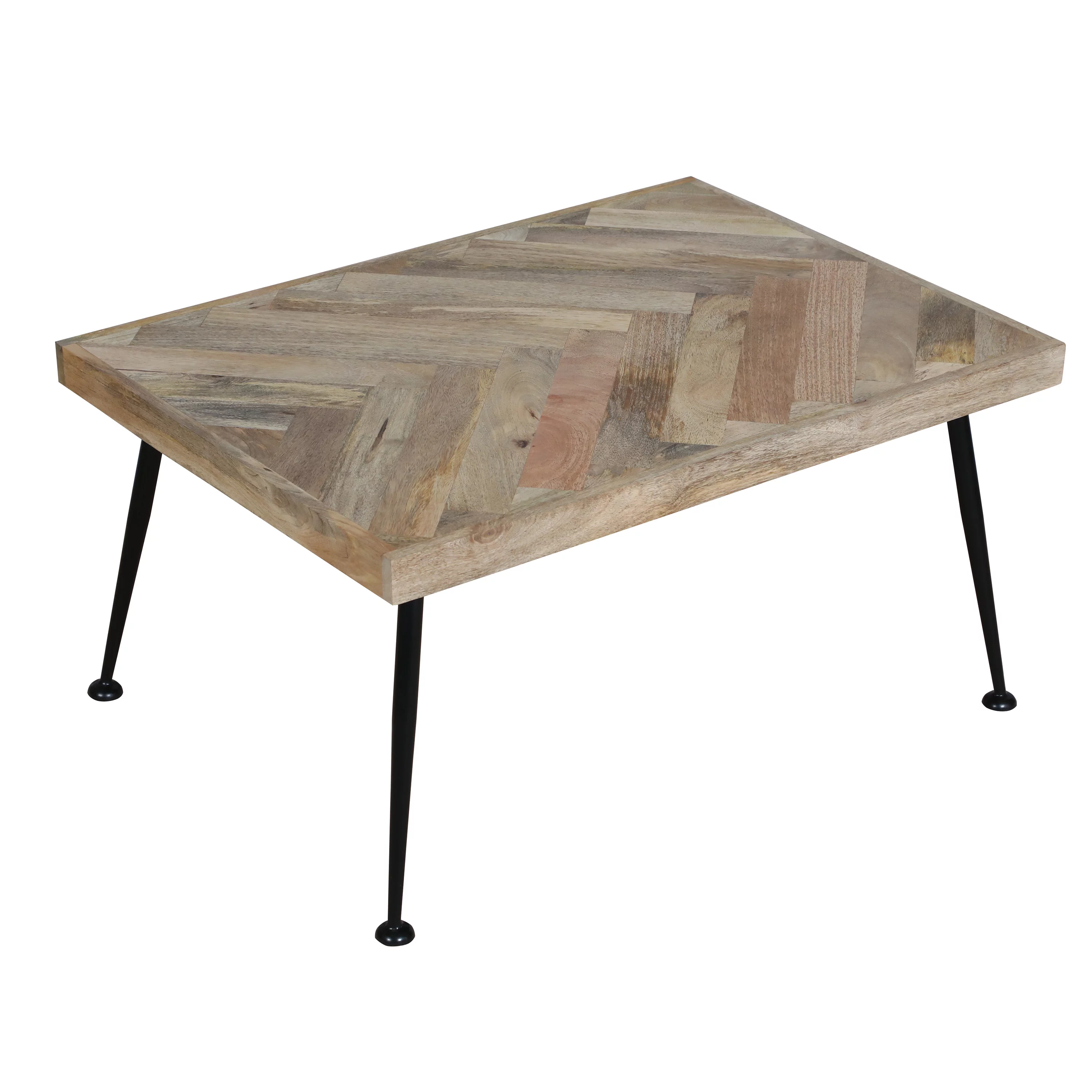 LANTRO JS 36 Inch Rectangular Mango Wood Coffee Table, Herringbone Design, Iron Legs, Brown, Black