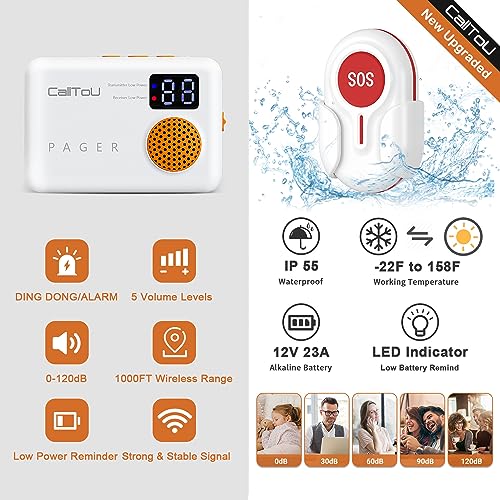 CallToU Caregiver Pager Wireless Call Button 1000FT for Elderly Monitoring Vibration Call Bell Medical Alert System with Digital Display Low Power Reminder 2 Portable Receiver 2 SOS Call Button