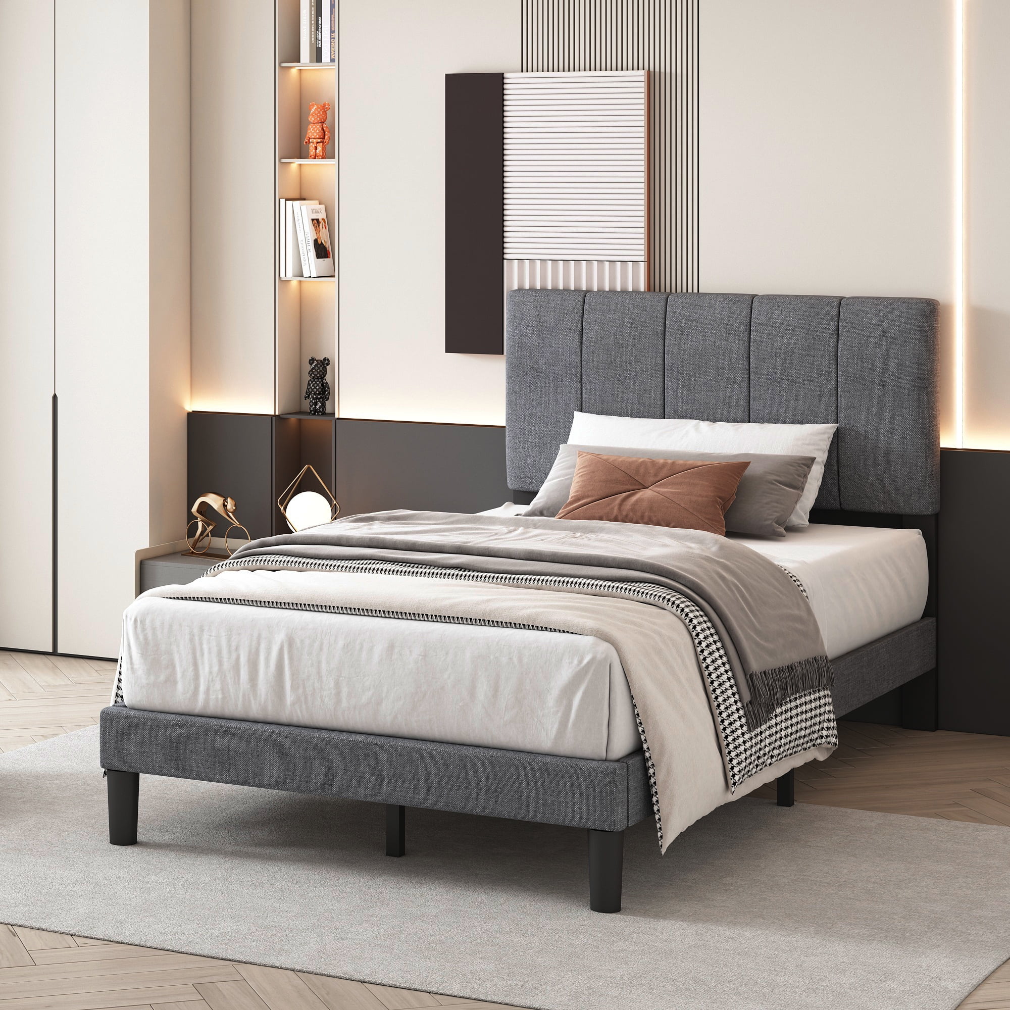 SYNGAR Twin Bed Frame, New Upgrade Twin Size Fabric Upholstered Platform Bed Frame with Height Adjustable Headboard, Bedroom Furniture Metal Frame Platform Bed Frame, No Box Spring Needed, Grey