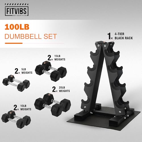 Fitvids Rubber Encased Hex Dumbbell Set with Rack, 5-20LB or 5-25LB Hand Weights with Anti-Slip Grip for Exercise & Fitness, Dumbbell Weights Set for Home Gym, 100LB or 150LB Set Options