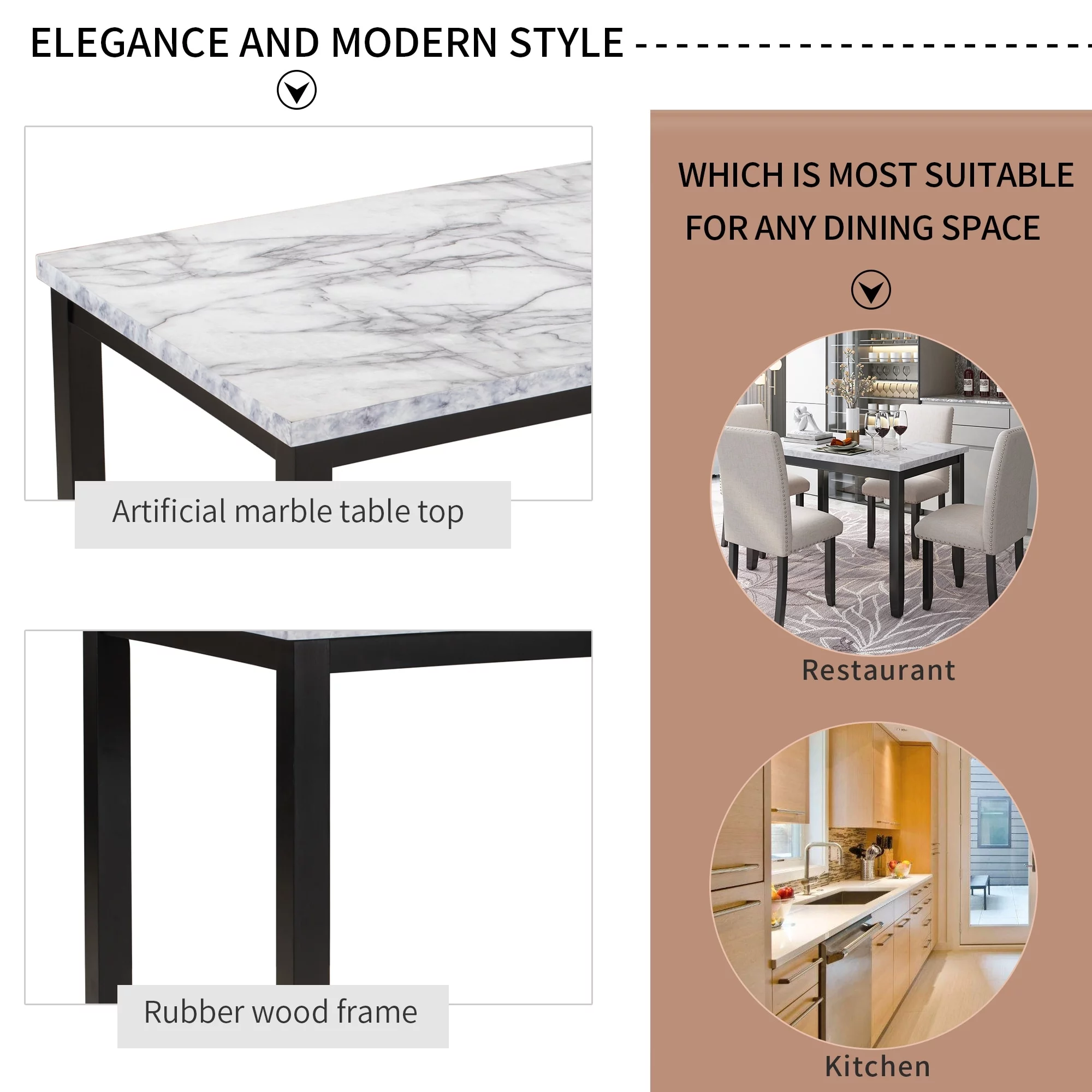Elegant Faux Marble 5-Piece Dining Set with Thicken Cushion Chairs