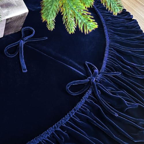 60-Inch Ruffled Velvet Christmas Tree Skirt with Foam Padding, Nylon Backing and Lace-Up Tie Closure, Burgundy