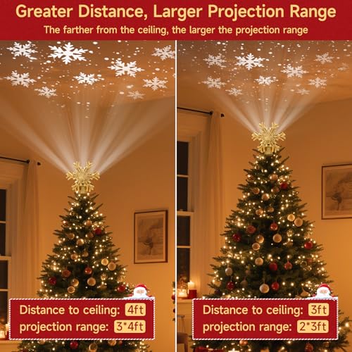 Christmas Tree Topper Lighted with Built-in LED Rotating Snowflake Projector, 3D Hollow Glitter Silver Snowflake Tree Topper for Xmas Party Holiday Christmas Decorations