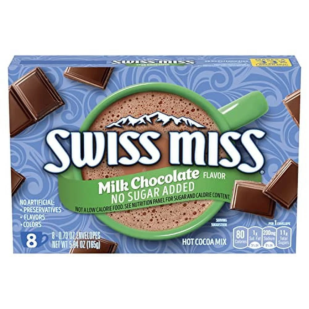 Swiss Miss Milk Chocolate Flavor No Sugar Added Hot Cocoa Mix, 0.73 oz. 8-Count (Pack of 12)