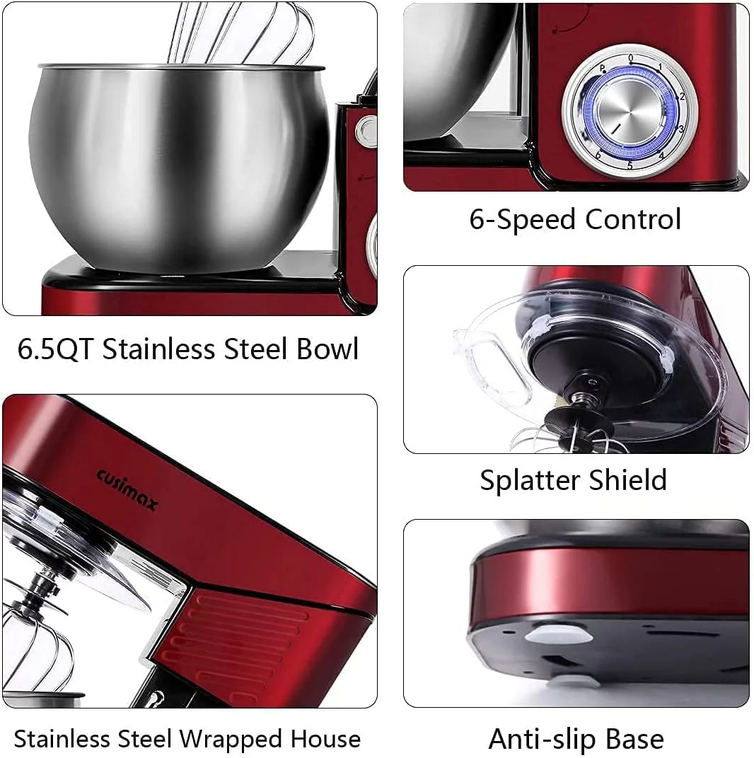 Stand Mixer, QCAI 6.5QT Mixer Stainless Steel kitchen mixer, 6-Speeds Tilt-Head Dough Mixer with Hook, Whisk & Beater, Splash Guard Electric Mixer, Red