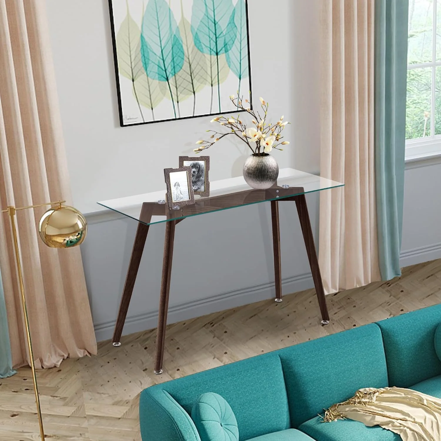 TJUNBOLIFE Glass Console Table  Narrow Entryway Hallway Table Modern Foyer Table with Solid Wood Legs for Entryway Living Room