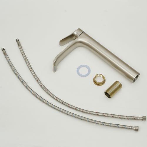 Brushed Nickel Vessel Sink Faucet, Single Handle Modern Waterfall Tall Bathroom Sink Faucet, Brass, 1 Hole, 1 Handle, Deck Mount, Vessel Install, Includes Supply Hoses, Drain, Manual