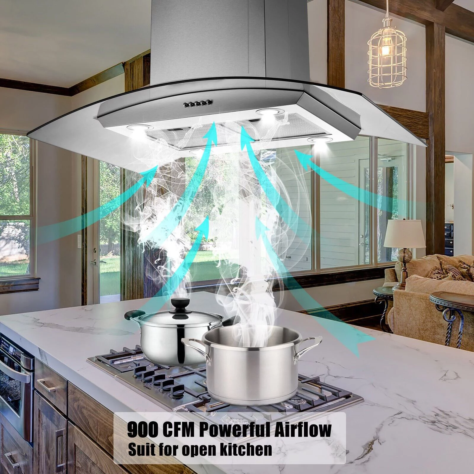 30 inch Island Mount Range Hood 900CFM  Tempered Glass 3-Speed Vent Hood Stainless Steel Dishwasher