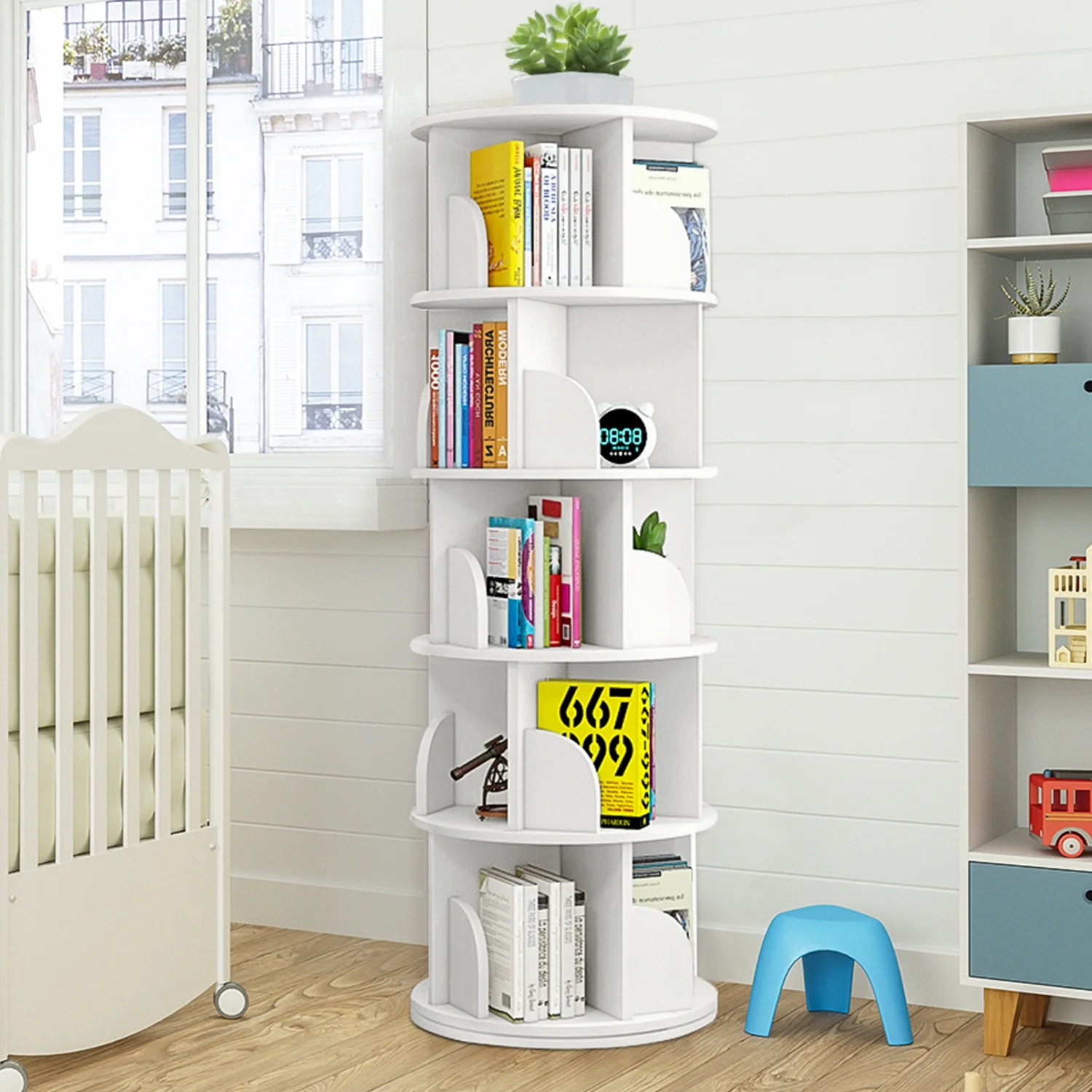 tonchean 5 Tier 360° Rotating Bookshelf Bookcase Organizer with 20 Shelves for Kid Gift, White Wood