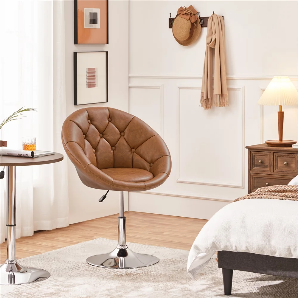 Yaheetech Upholstered Round Tufted Height Adjustable Swivel Barrel Chair, Retro Brown